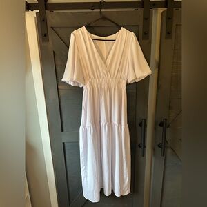 Women's Deep V Neck Puff Short Sleeve Tiered Dress Elastic High Waist Flowy